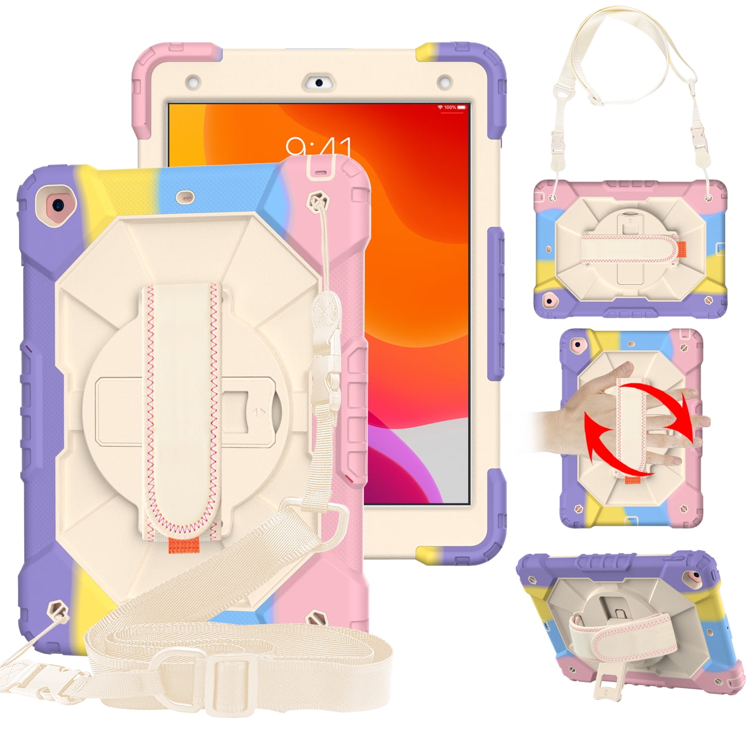 Case for iPad 9.7-inch 2018/2017, iPad Air 2 Case, iPad Pro 9.7 Cover, Kids Shockproof Rugged Hybrid 360 Rotating Stand Cover with Hand Shoulder Strap/Pencil Holder