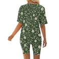 thumbnail image 5 of Wyobmus Women's 2 Piece Short Outfit Causal Floral Printed V Neck Half Sleeve Tee Shirt Skinny Legging Shorts Set Olive Green, 5 of 5