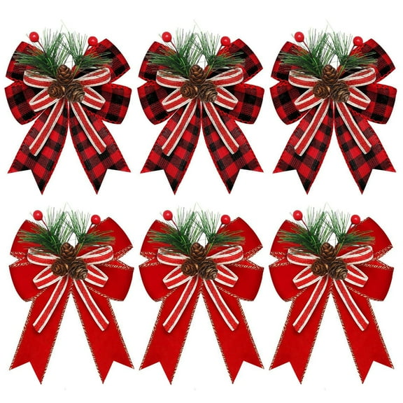 Shoreew Christmas Burlap Plaid Bow with Pine Cones Pine Needles Large Buffalo Plaid Bow Xmas Wreath Checkered Bow for Holiday Crafts Home Party Tree Decor