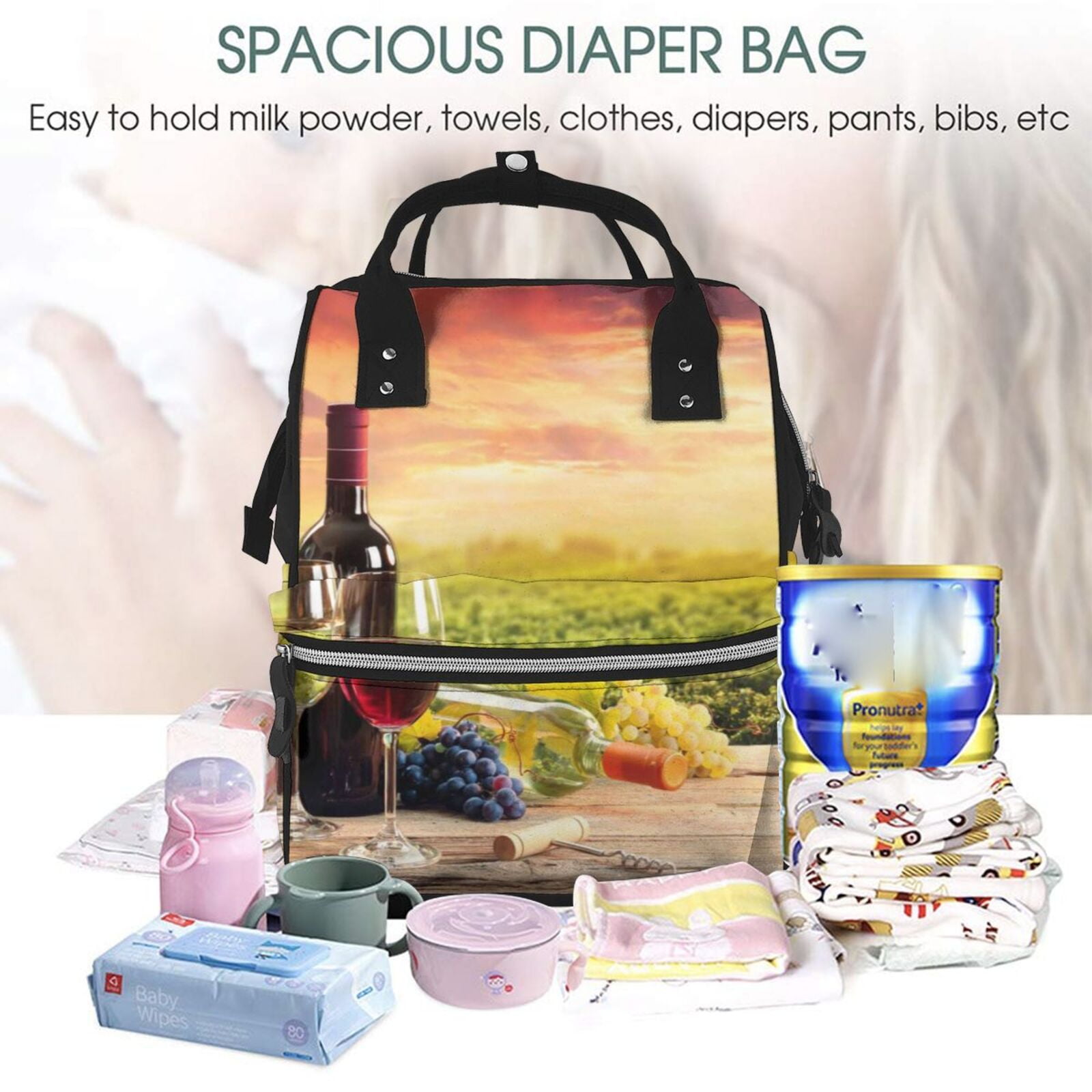 Ratiio Red Wine Glasses Mummy Backpack - Waterproof Twill Canvas, Large Capacity Diaper Bag with Multiple Pockets and Adjustable Straps
