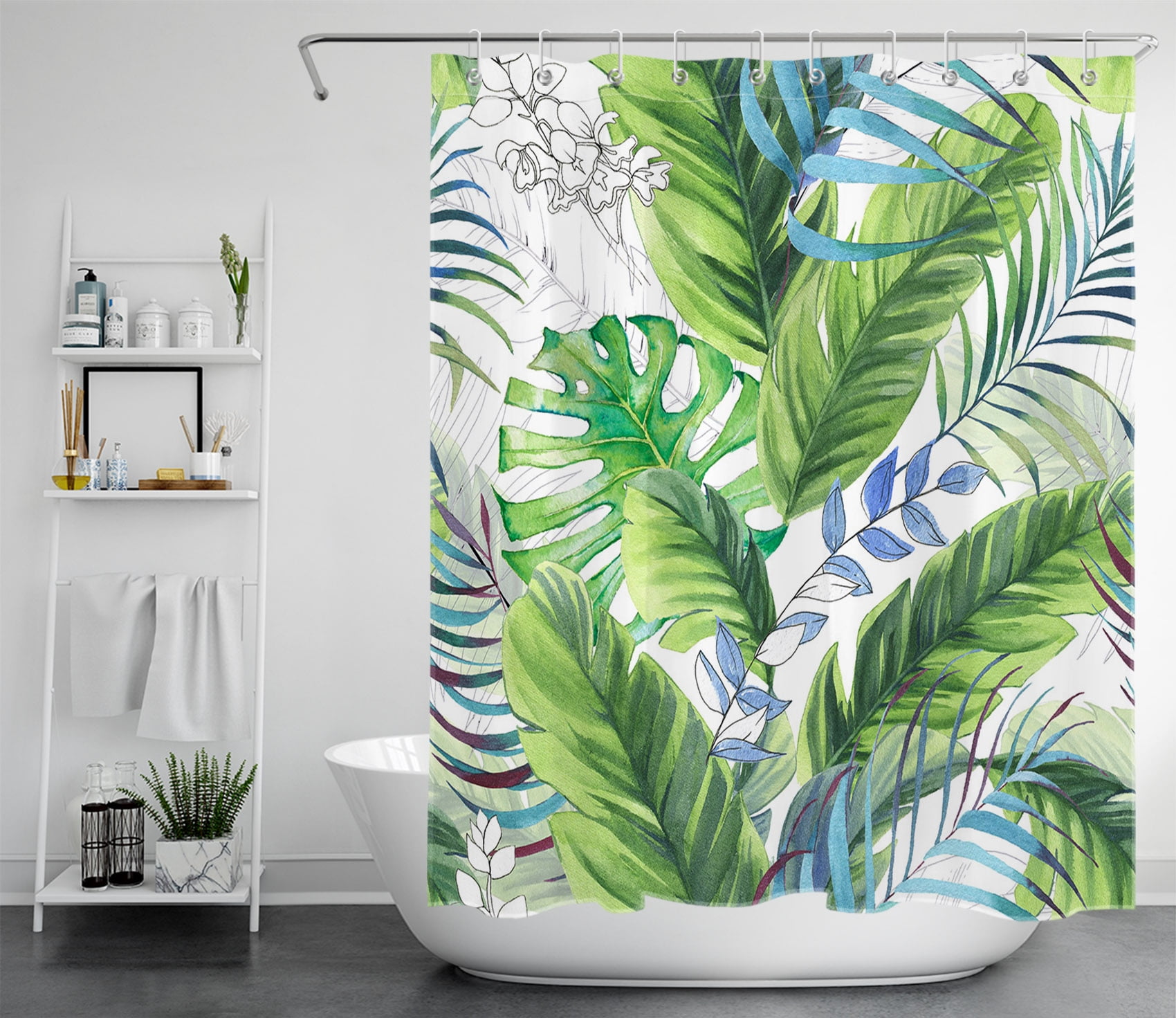 HVEST Tropical Plants Green Leaf Shower Curtain Decor, Watercolor