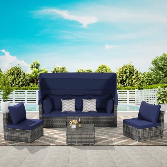 Outdoor Daybed with Canopy, 5pcs Patio Sectional Furniture Set with Table Thick Cushions Pillows, Retractable Canopy Conversation Sofa Set with Side Table, Dark Blue
