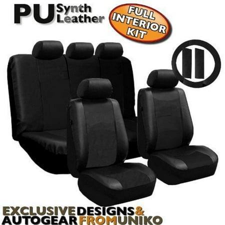 Full Set 13 Piece Premium Double Stitched Vinyl Leatherette Car Vehicle Seat Covers Luxury Universal Fit Interior - Includes Steering Wheel Set (Black