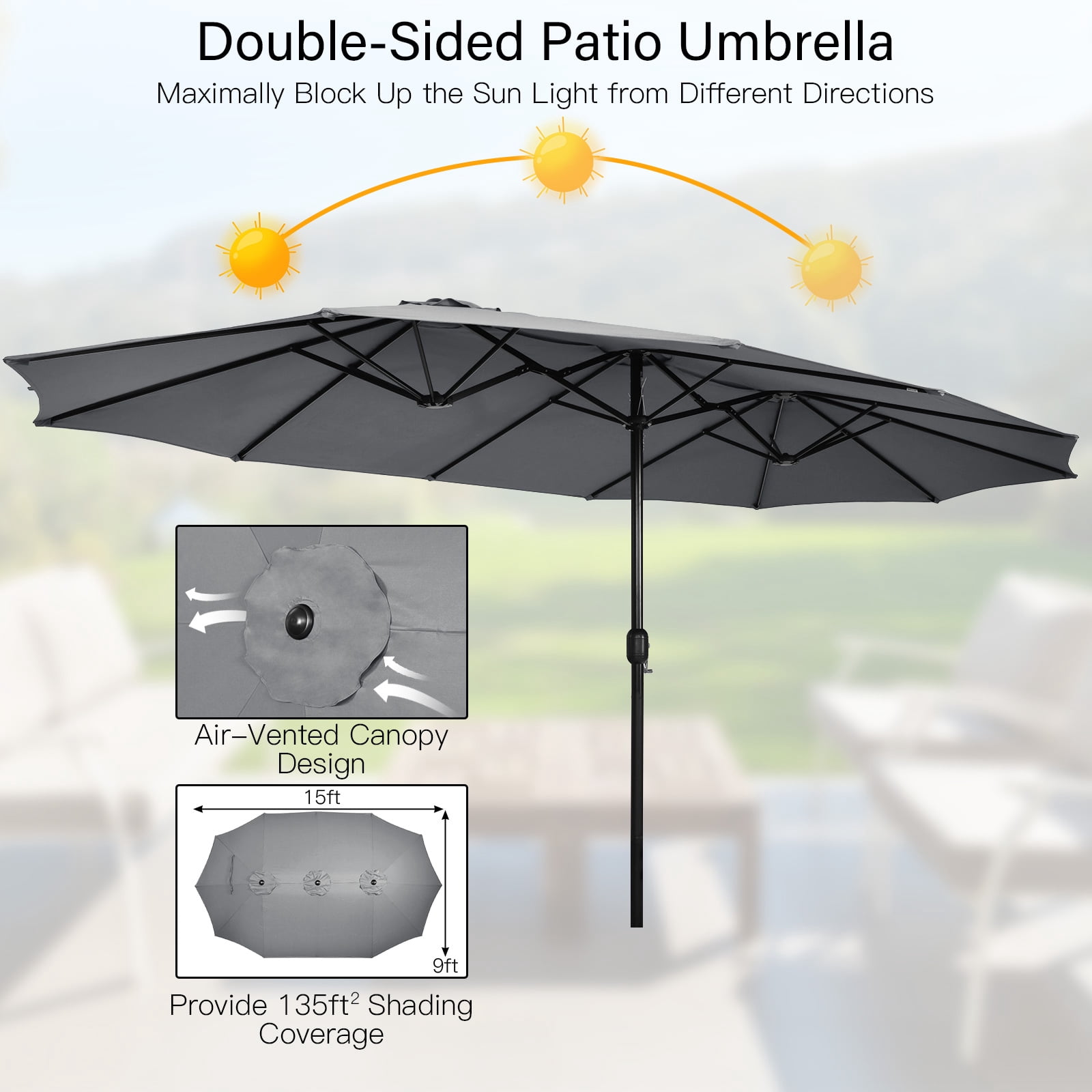 Patiojoy 15FT Double-Sided Twin Patio Umbrella with Base Extra-Large Market Umbrella for Outdoor Gray