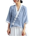 thumbnail image 2 of Jsaierl Womens 3/4 Length Sleeve Cotton Linen Tops Plus Size V Neck Shirts Retro Solid Petite Blouses Classic Elegant Tunic Top M-3XL, 2 of 4