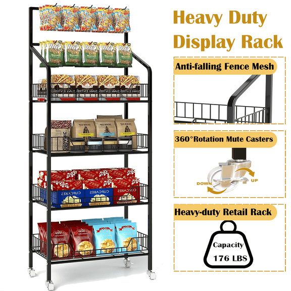 IAJXWI Heavy-duty 4 Tier Retail Display Rack, Metal 56.3" Height Storage Shelf, Candy Snack Rolling Display Shelves with 10 hooks