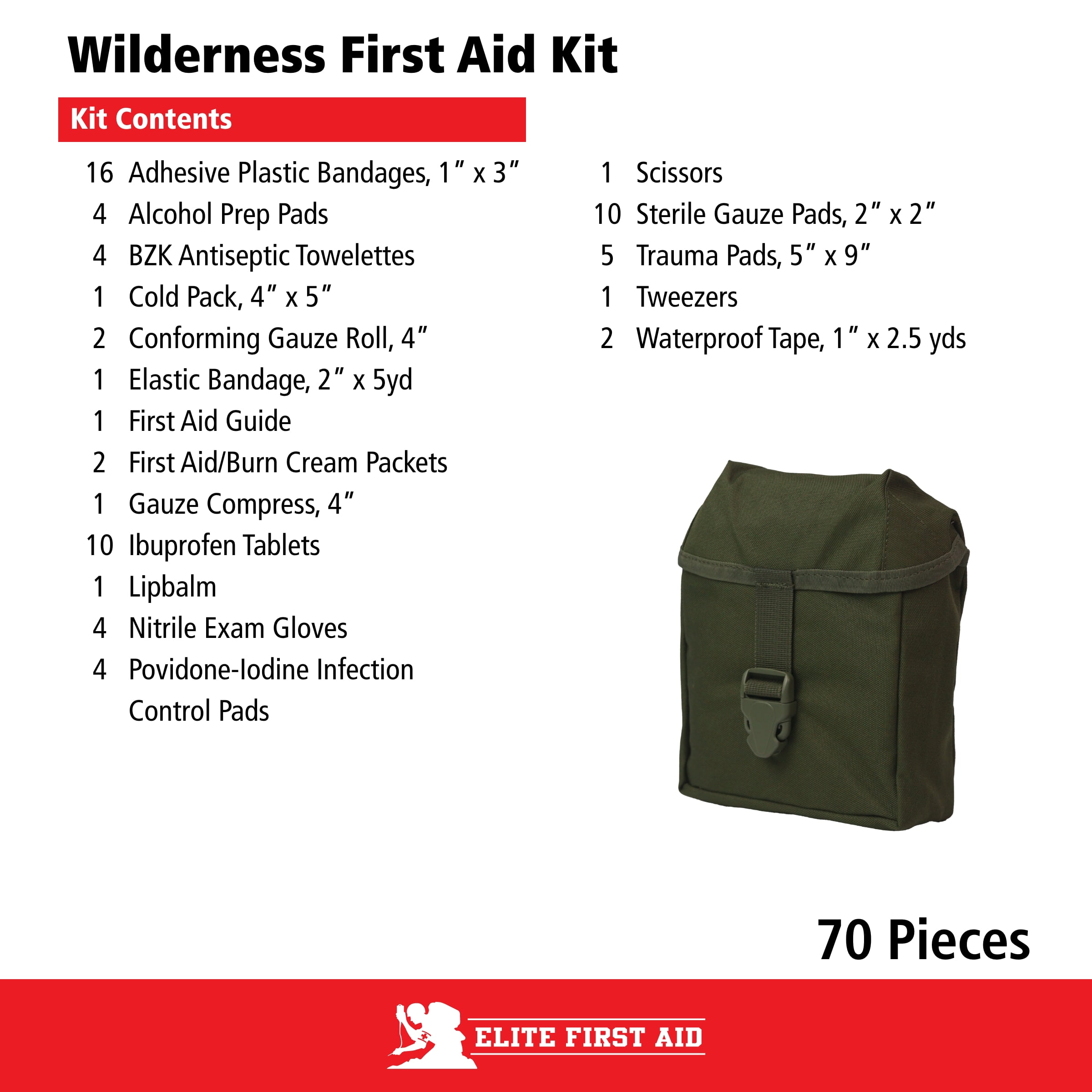 Elite Wilderness First Aid Kit, 70 Pieces – Comprehensive Emergency Survival Medical Supplies for Camping, Hiking, Backpacking, Car, Home, and Outdoor Adventures