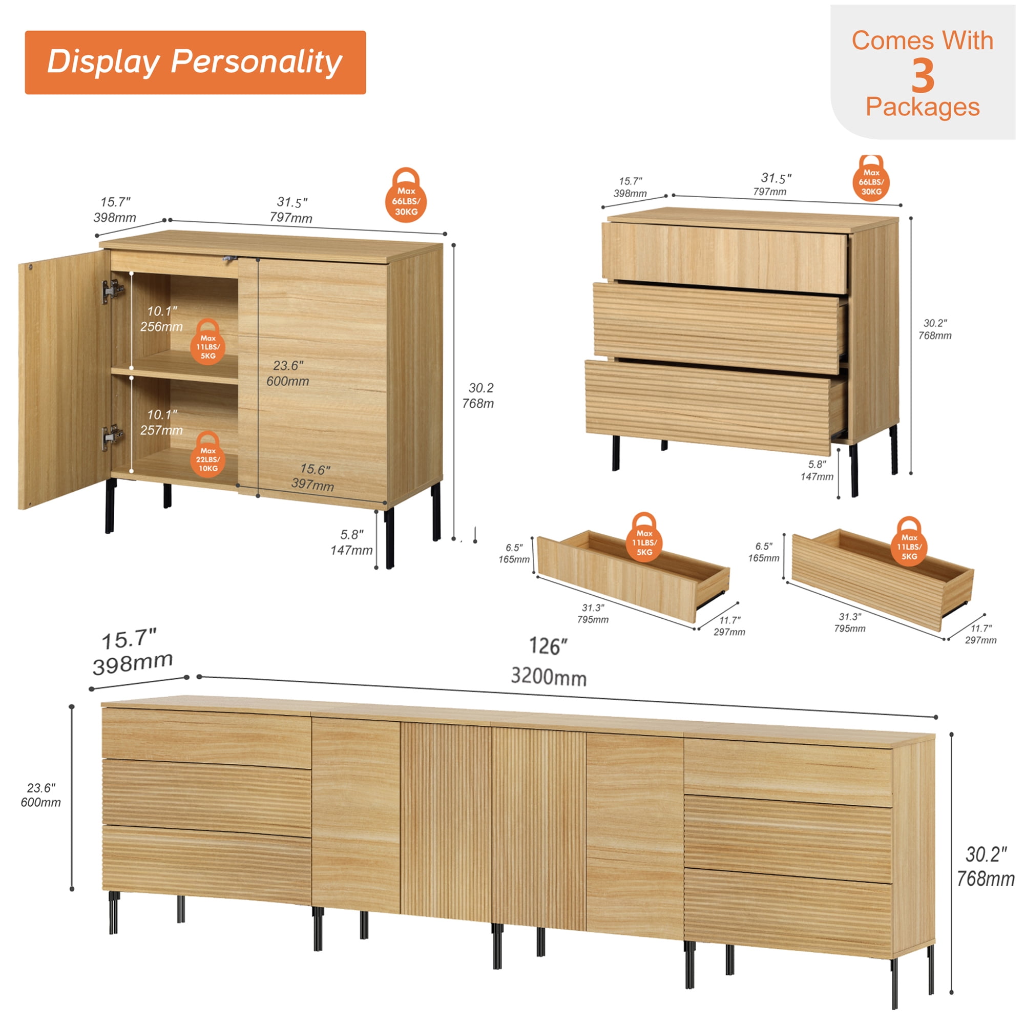126" Modern Reeded 4-Door Sideboard with Drawers, 4-In-1 Wooden Credenza Storage Cabinet for Kitchen, Dining Room