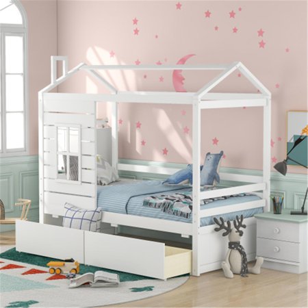 Twin Size House Bed with 2 Drawers  Wood Playhouse Platform Bed Frame with Roof  Window and Guardrail  Montessori Bed Frame for Kids  Boys and Girls  No Box Spring Required  White