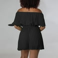 thumbnail image 5 of Women Boho off Shoulder Romper Flowy Tie Waist Flared Pleated Short Jumpsuit Elegant Strapless Wide Leg Party Playsuit, Black, L, 5 of 5