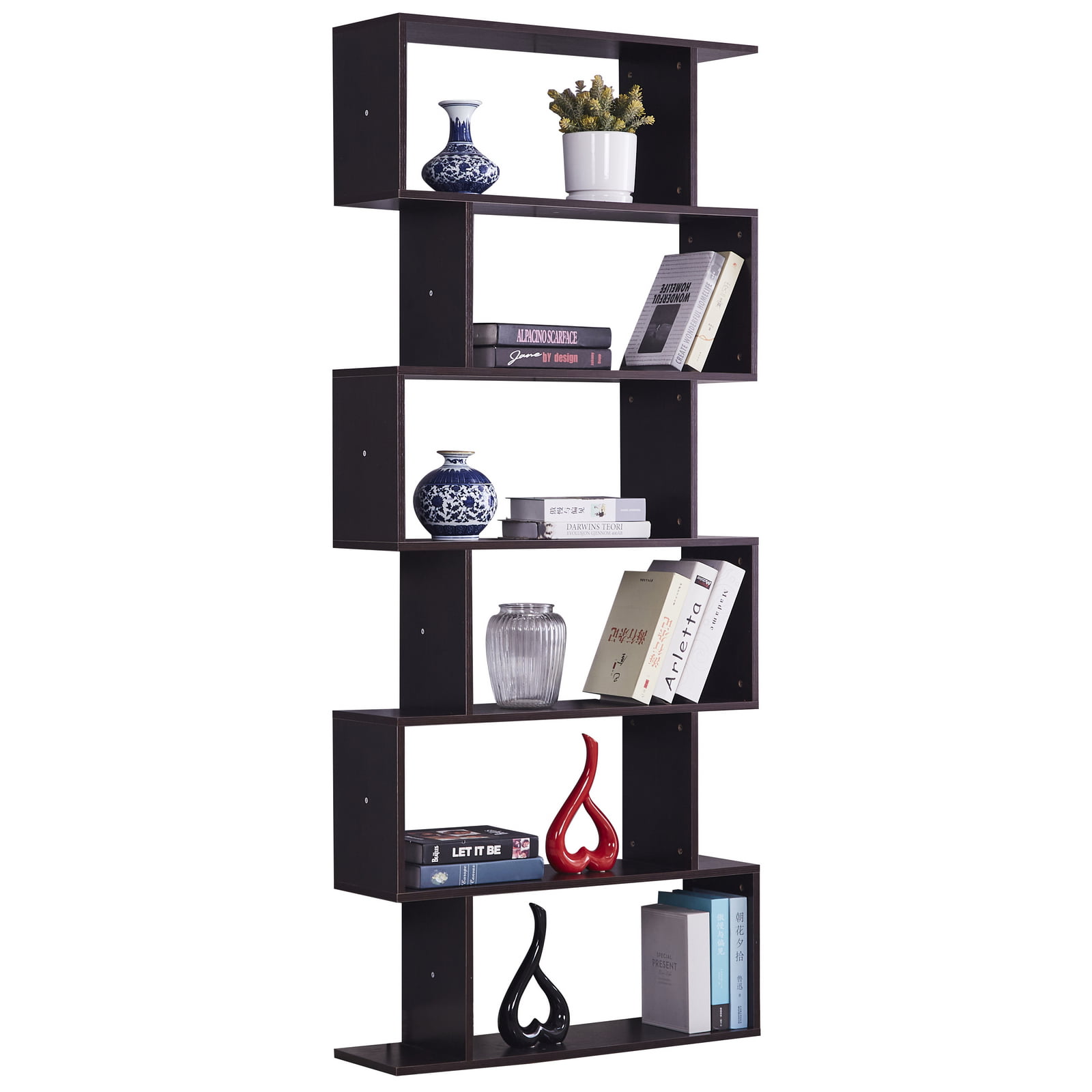 HOMCOM 75"H Bookcase 6 Shelf S-Shaped Bookshelf Storage Display Stand Organizer 
