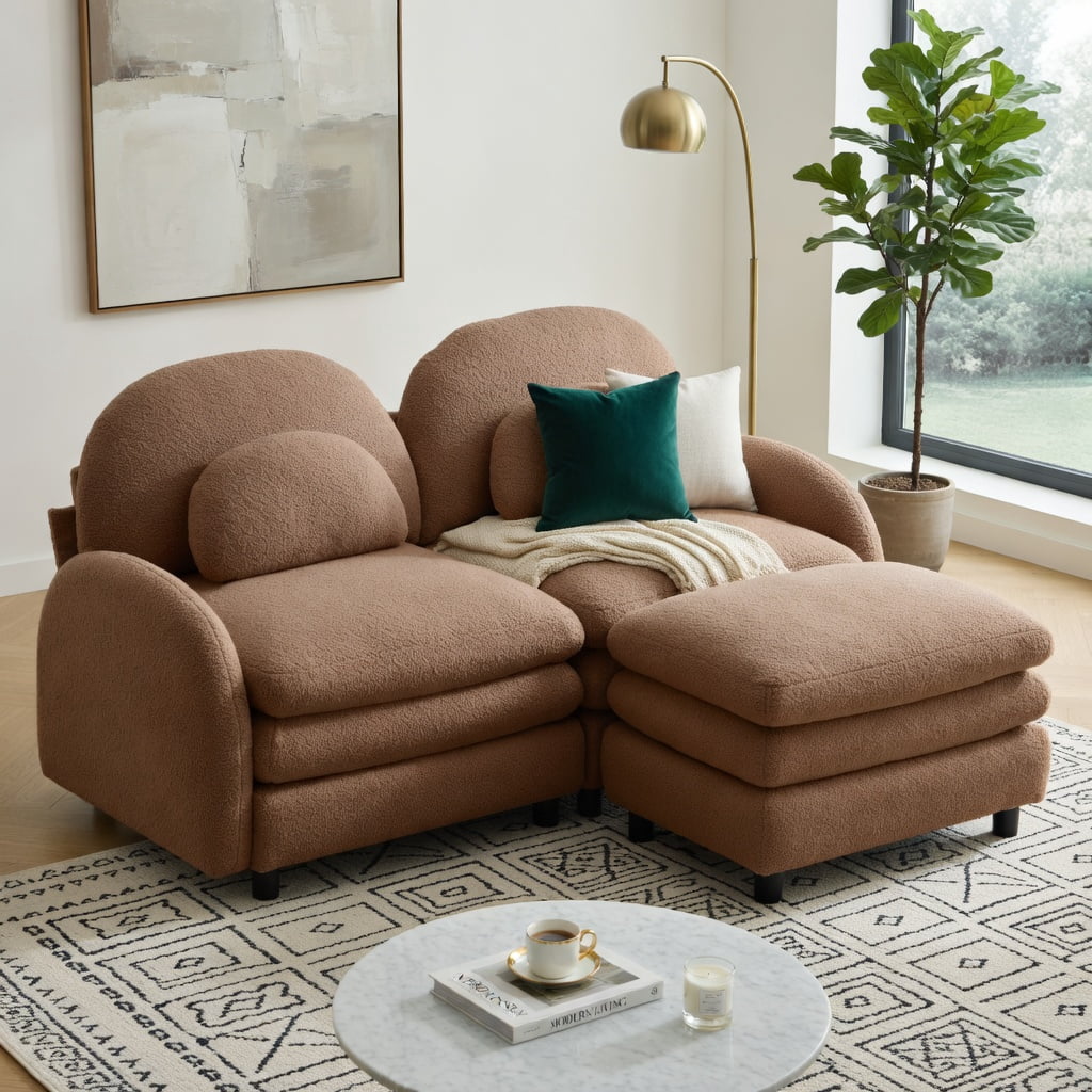 Hommoo Teddy Fleece 2-Seat Modular Loveseat Sofa with Movable Ottoman, Cloud-Like Double-Layer Cushions & Curved Lumbar Support, Camel