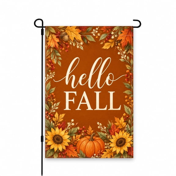 Hello Fall Garden Flag 12 x 18 Inch, Autumn Floral Yard Flag with Pumpkin, Sunflowers, Leaves and Rustic Brown Design for Garden Lawn Patio Porch Outdoor Decor