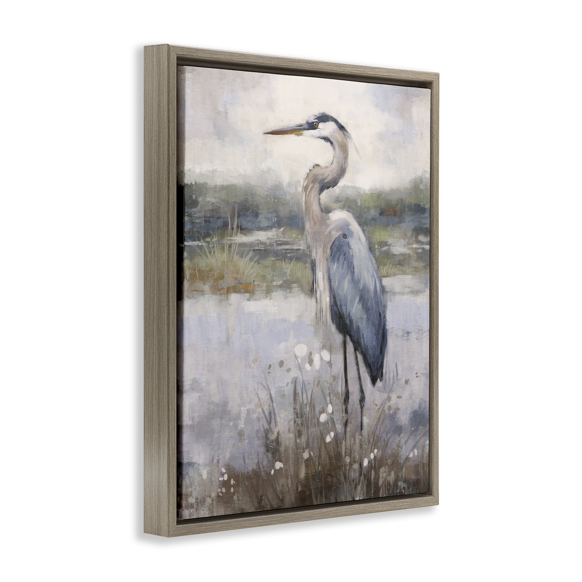 Stupell Industries Coastal Heron on Riverbank Landscape & Nature Painting Brown Floater Framed Canvas Art Print Wall Art, 25 x 31