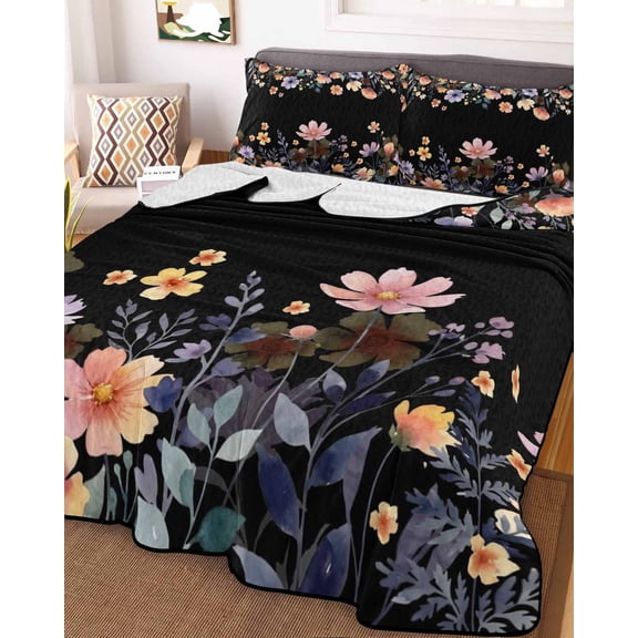 Black Spring Floral Queen Size Down Alternative Comforter, Lightweight Comforter Quilt Bedding Set with Pillow Shams Elegant Flowers Farmhouse Botanical All Seasons Bed Comforter Duvet Insert 90"x96"