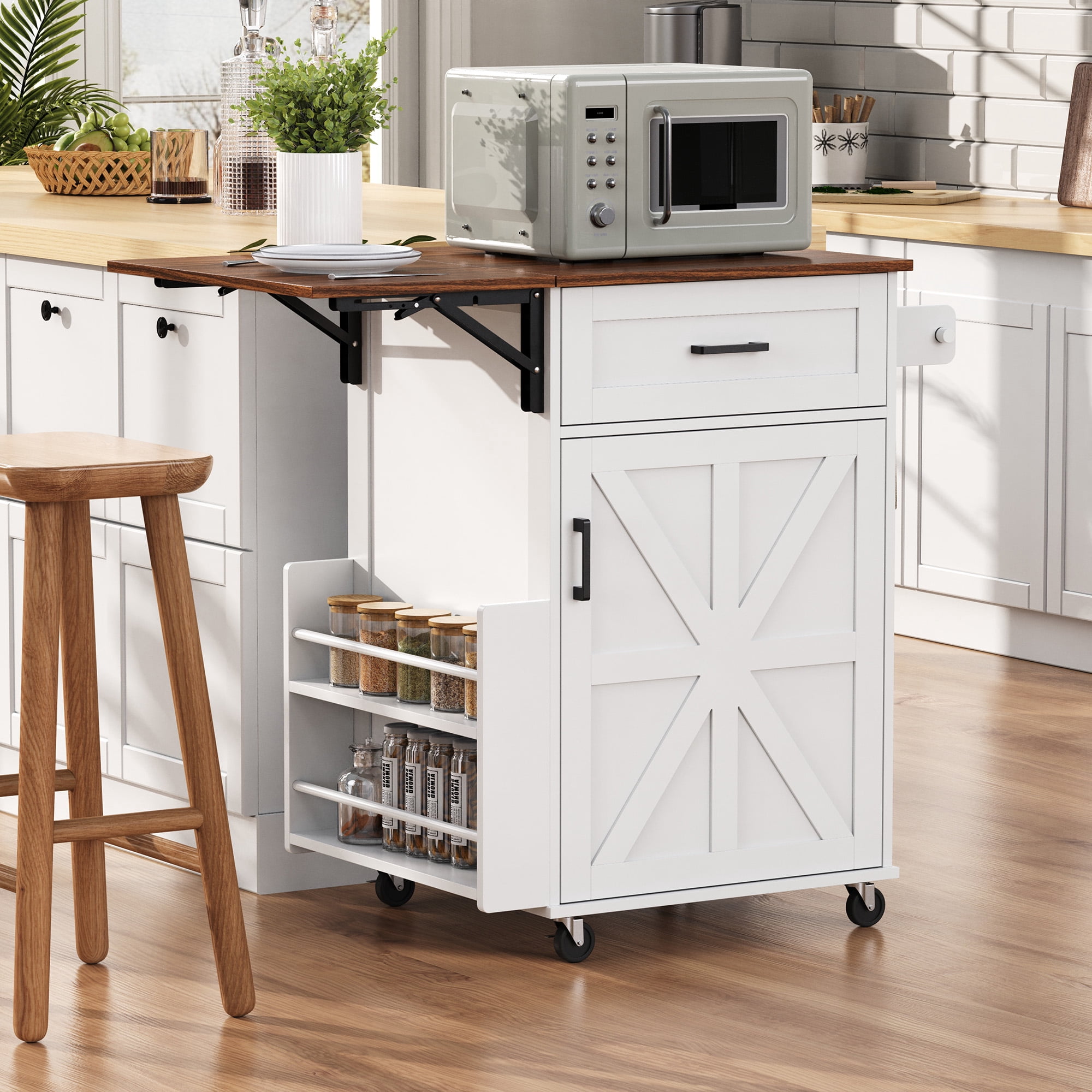 Aukfa Rolling Kitchen Island with Drop Leaf, 39" Mobile Kitchen Cart with Storage Cabinet and Drawer, White