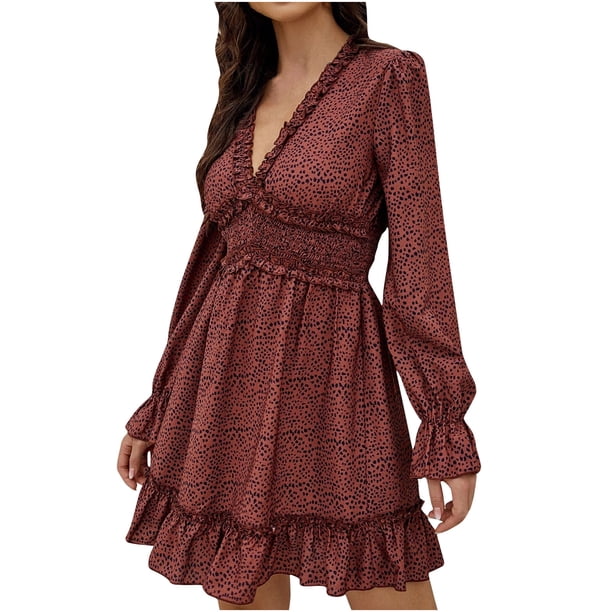 Vestido Informal Con Estampado de Puntos Para Mujer, Vestido Largo Con Cuello en V, Manga de Mariposa, Borde Con Volantes, Vestido Con Volantes, Vestido Hasta La Rodilla Odeerbi ODB112769
