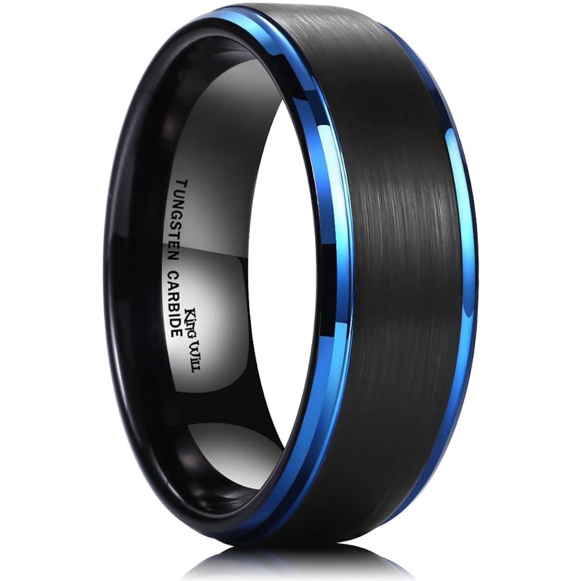 King Will Basic 8mm Black Tungsten Ring for Men Matte Brushed Finish Center Blue Polished Step Edge Comfort Fit Size 10