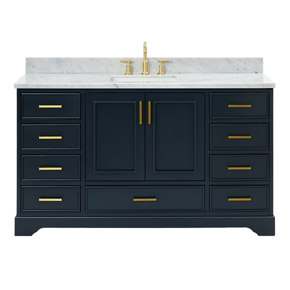 Ariel Stafford 61 Inch Single Rectangle Sink Vanity With Carrara White Marble Countertop W/0.75" Edge In Midnight Blue