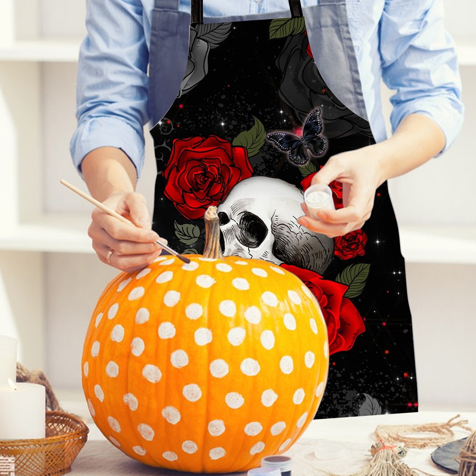 Halloween Apron For Men And Women, Premium Skull Rose Pattern Gothic Holiday Decorative Apron for Kitchen, Dining Room, Cooking