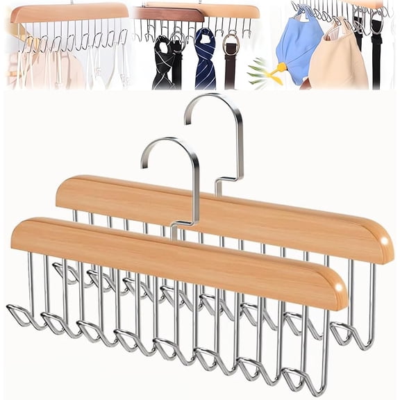 Belt Hanger, 2 Pack Anti Slip Multifunctional Coat Hanger Hooks Space Saving Hangers Tie Rack with 8 Hooks Wooden Closet Hanging Storage Organiser for Scarf Bra Ties Swimsuith