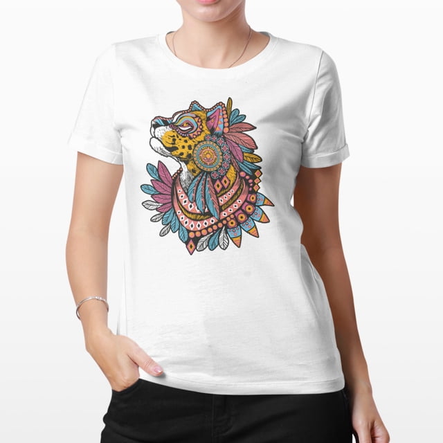 Playera Dama Jaguar Con Plumas Animal Azteca Once Playera manga corta
