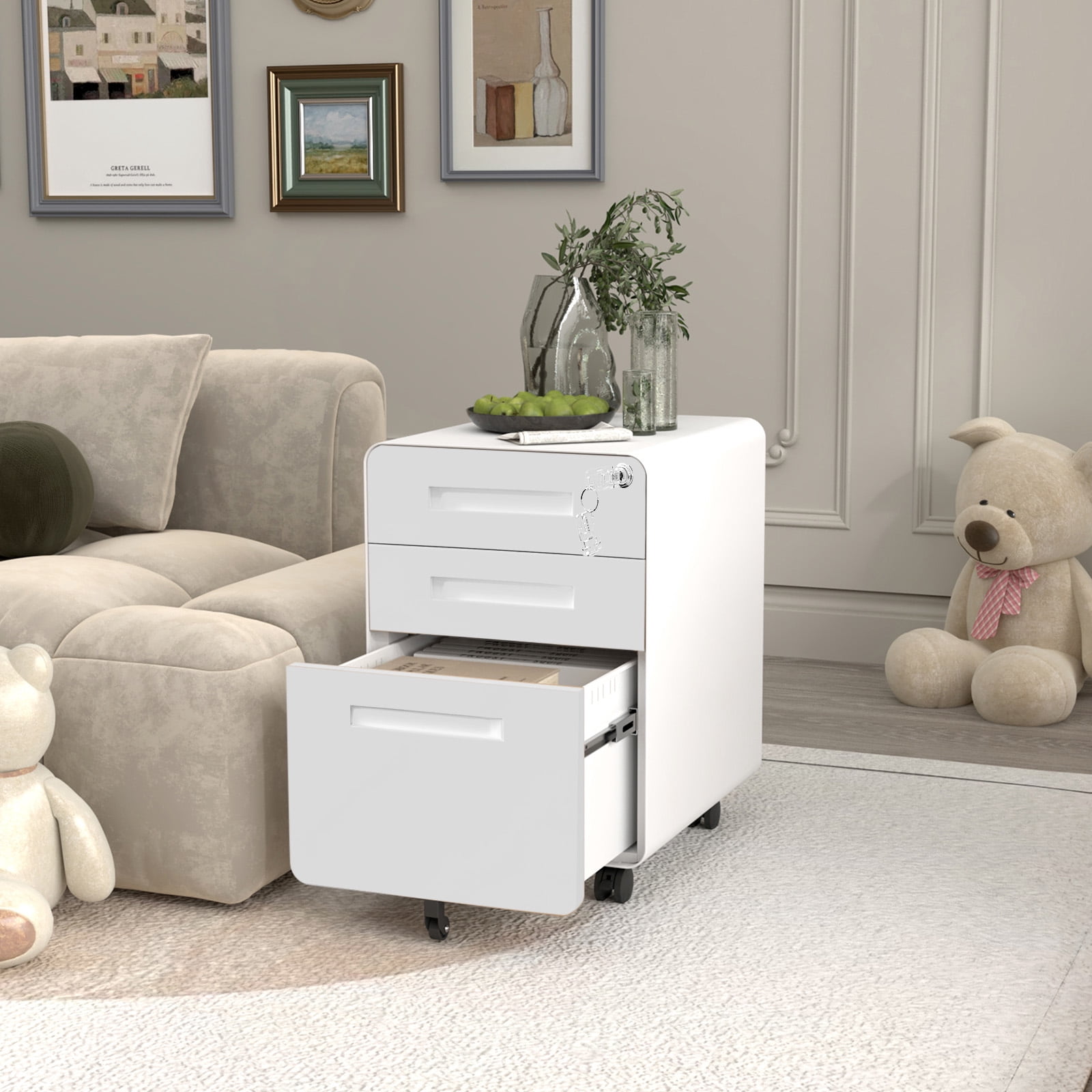 Towallmark Secure 3 Drawer Metal File Cabinet with Lock – Fully Assembled Mobile Filing Cabinet for Home Office, Anti-Tilt 5 Wheels, Under Desk Storage for A4/Letter/Legal Size – White