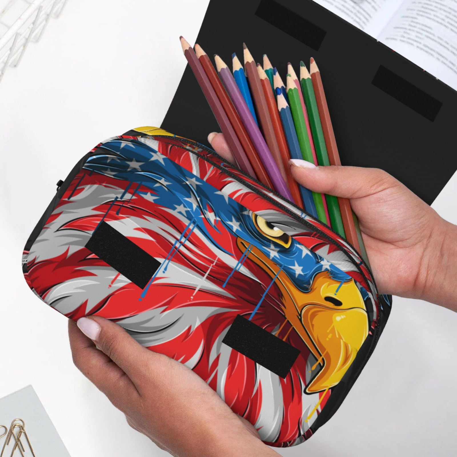 Rateoe Eagle Head With American Flag Pattern Double Clamshell Pen Case, Storage Organizer with Two Zipper Compartments– Holds Up to 50 Pencils & Pens
