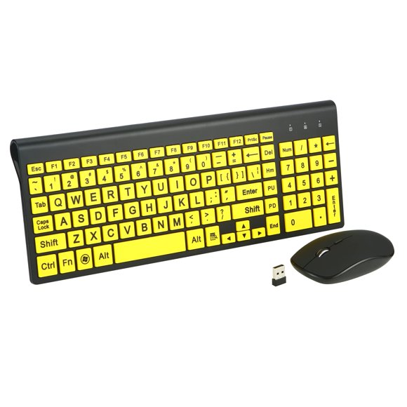 Teclado y ratón inalámbricos Fonicer de tamaño completo, color amarillo