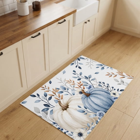 Thanksgiving Entryway Rug 2'x3' Non Slip Front Door Mats, Fall Blue White Pumpkin Leaves Flowers Entrance Rugs Indoor Outdoor Carpet, Washable Floor Mats Small Area Rug for Bedroom Kitchen