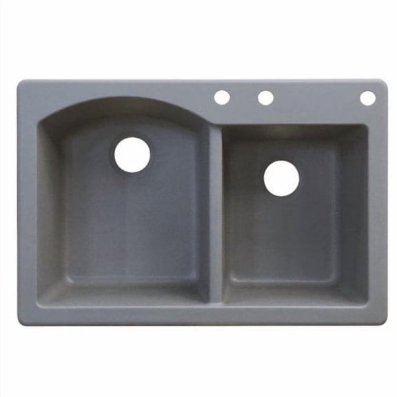Transolid Aversa 33in x 22in silQ Granite Drop-in Double Bowl Kitchen Sink with 3 BCE Faucet Holes, In Grey