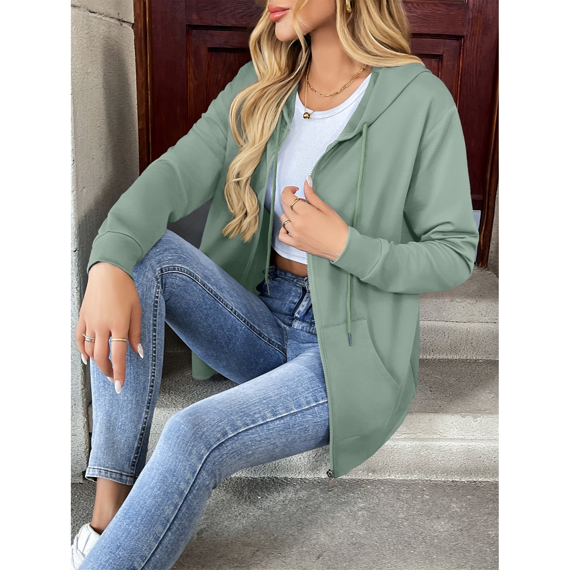 HOWCOME Basic Women's Full-Zip Hoodie – Lightweight Non-Fleece Long Sleeve Track Jacket with Adjustable Hood and Pockets, Mint Green X-Large