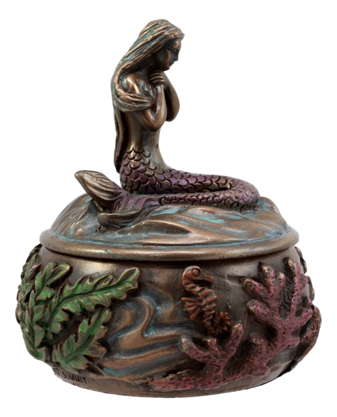 Ebros Beautiful Mermaid Tefiti Praying Round Jewelry Box Figurine 3.25"H Small Nautical Starfish Coral Decorative Trinket Keepsake