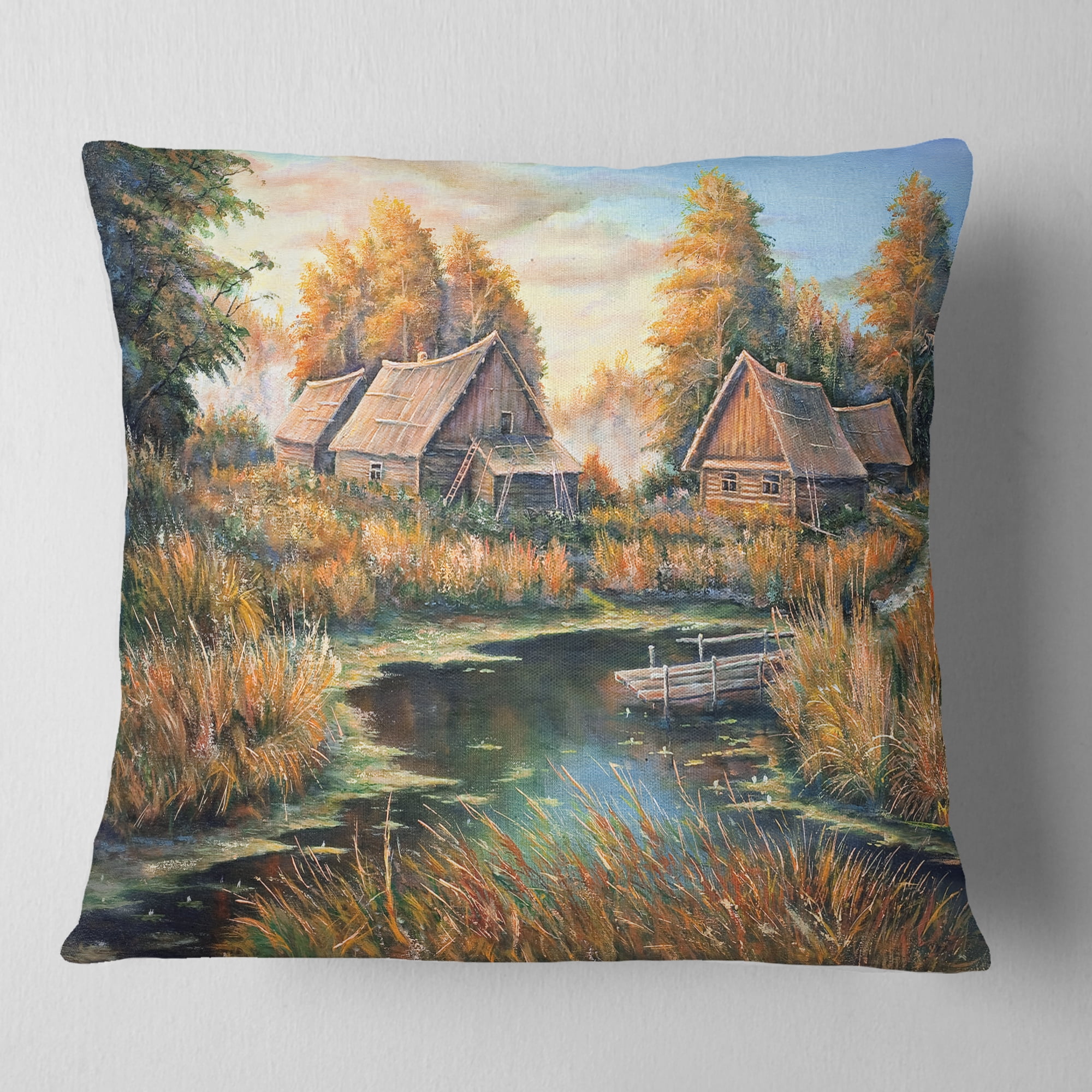 Designart Birches in Autumn Village - Landscape Printed Throw Pillow - 18x18