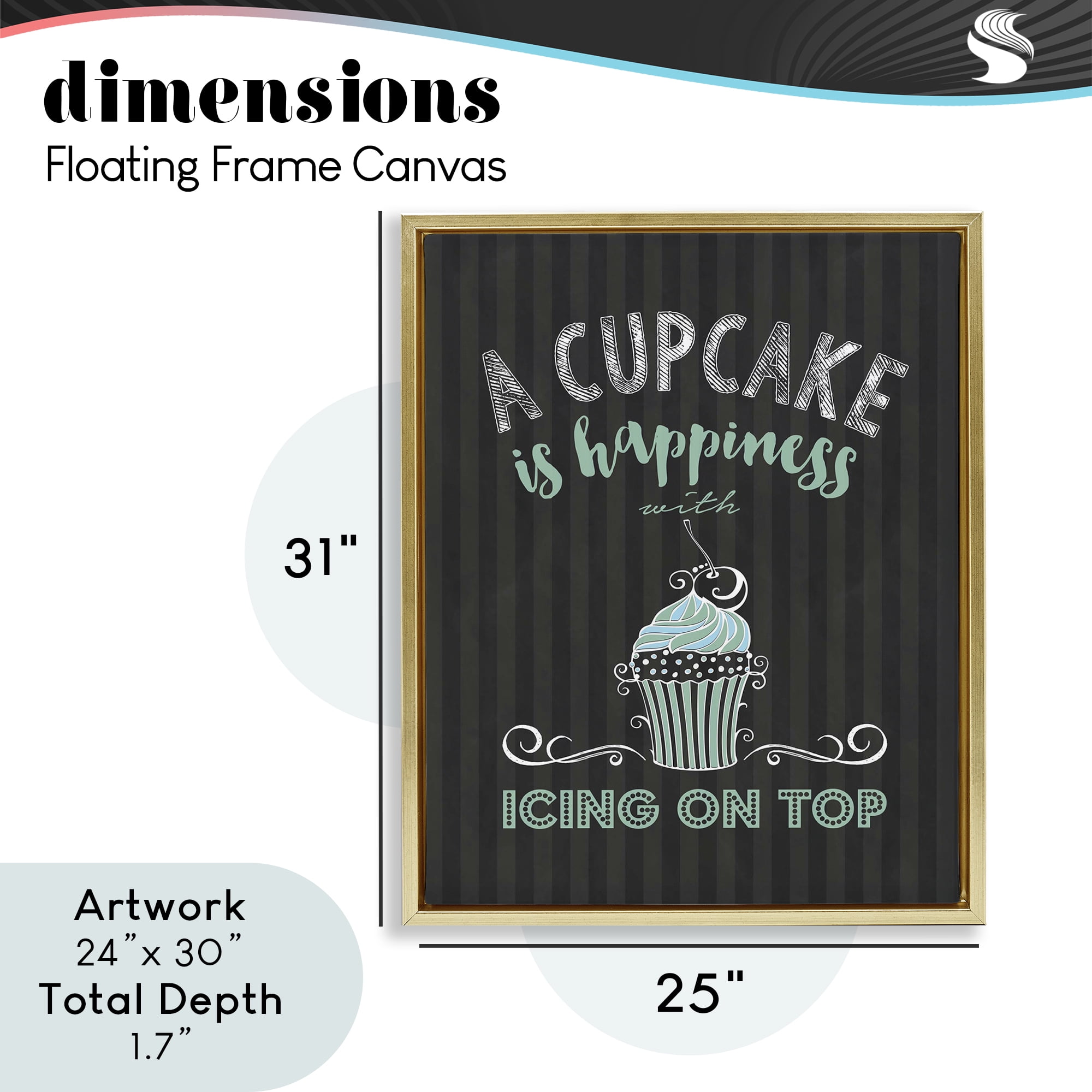 Cupcake Is Happiness with Icing Gold Framed Floater Canvas Wall Art, design by Lettered and Lined