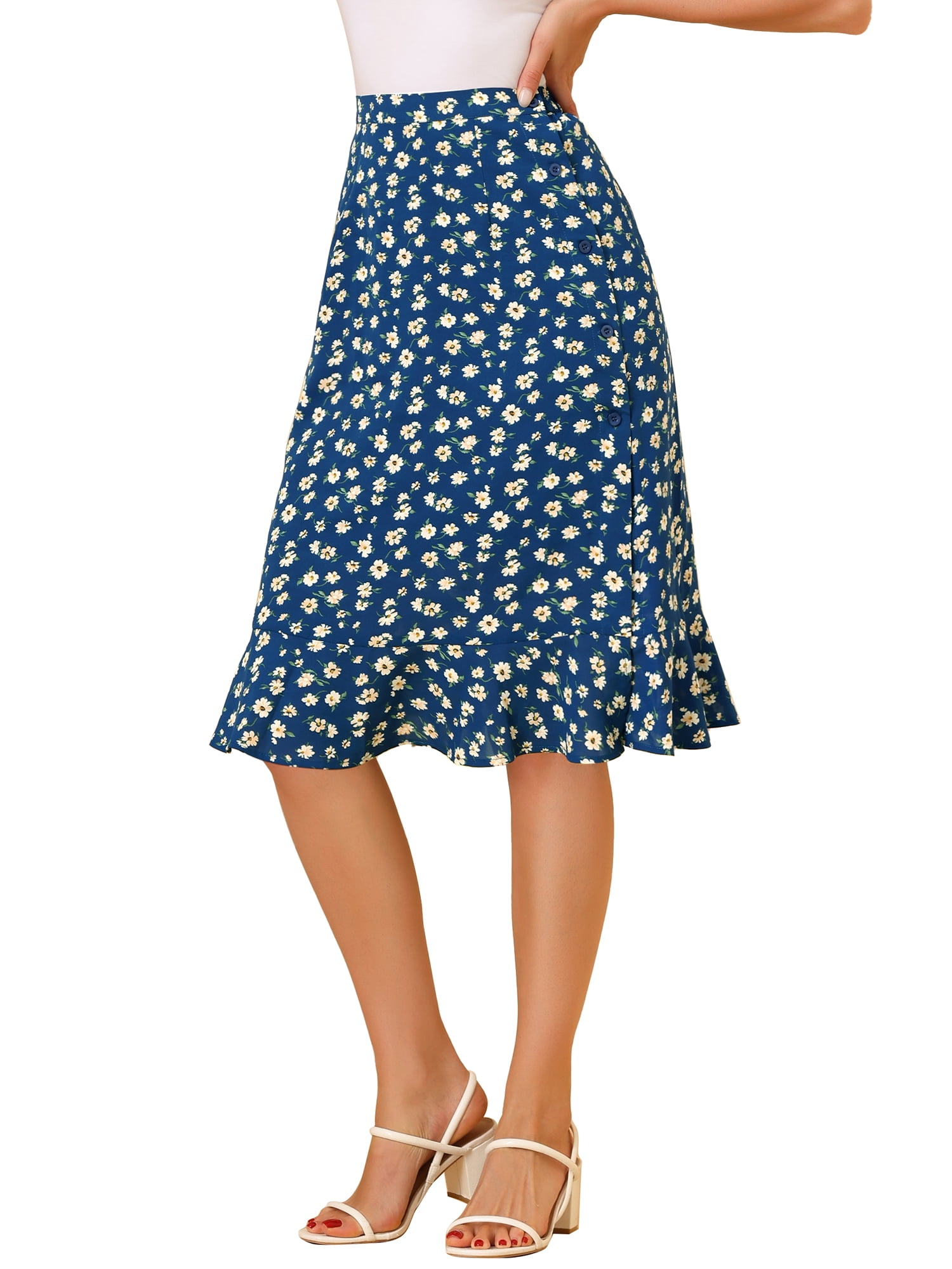 DARING DIVA Women's Floral Ruffle Hem Elastic Back Split Skirt S Blue