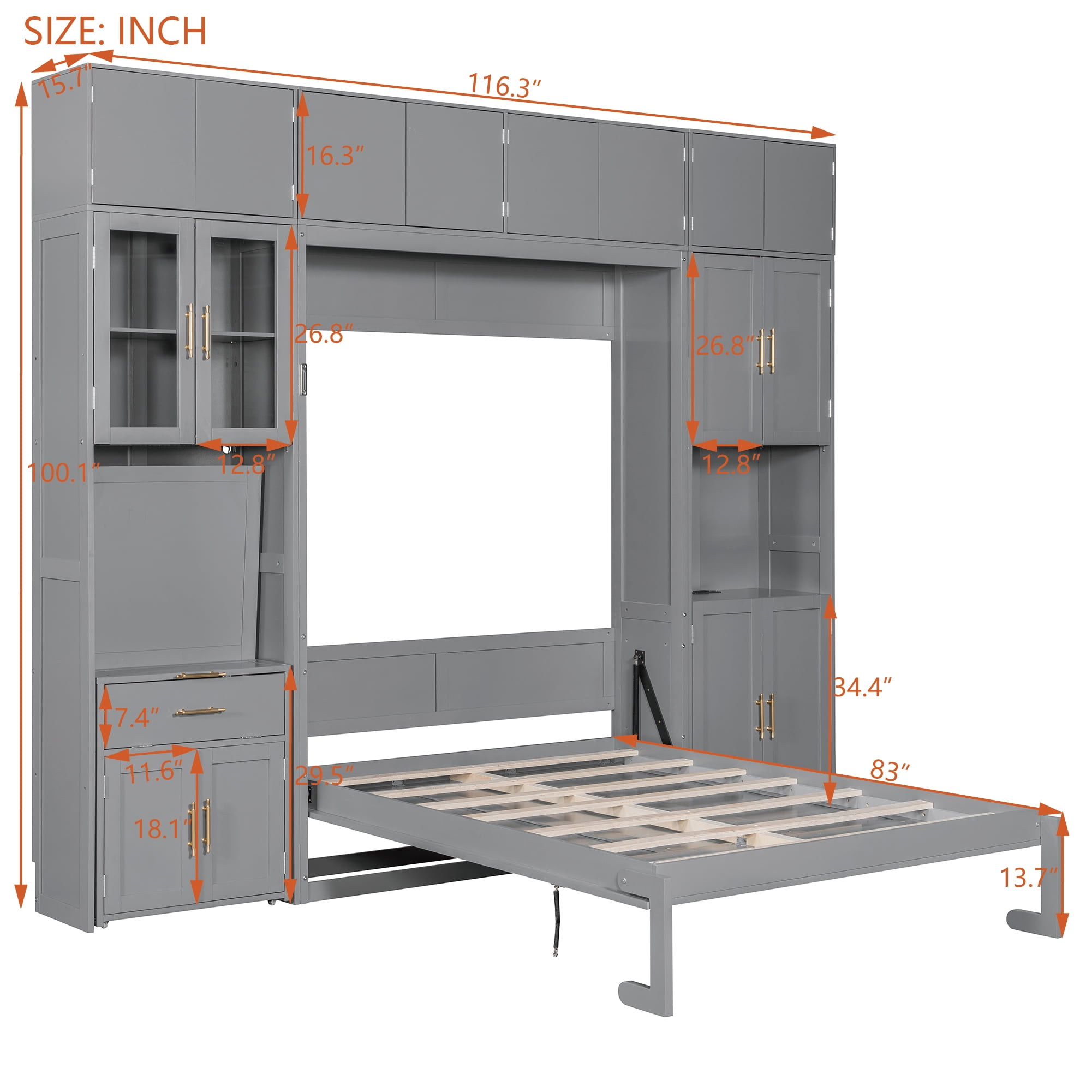 Full Size Murphy Bed with Storage Hutch, Writing Desk, USB, LED Lighted for Small Space, Guest Room