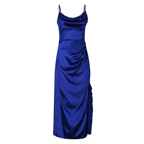 Hvot&aat Womens Spaghetti Straps Cowl Neck Satin Maxi Dress Sexy Backless Ruched High Slit Wedding Guests Cocktail Dresses