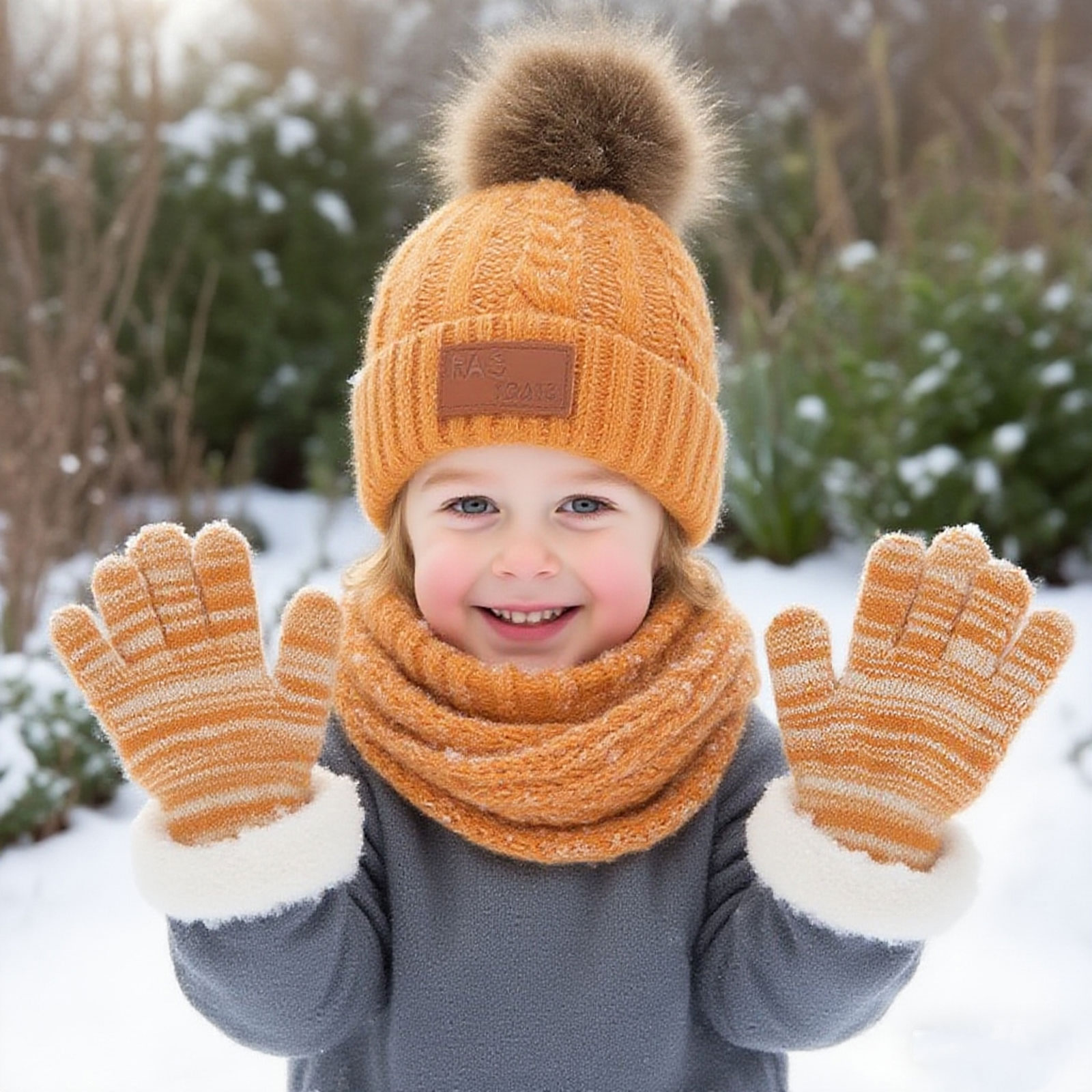 DIYMAG 2 Packs Winter Beanie Hat Scarf Gloves Set for Kids, Toddlers Knitting Cap Neck Warmer Gloves Set for Aged 2-8 Year（Yellow, Gray）