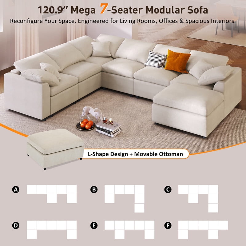 Oversized Modular Sectional Sofa Couch, Large 7 Seater Corner Sofa Modern U Shaped Sectional Couch with Ottoman, Chenille Cloud Couches for Living Room, Office