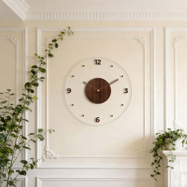 Reloj de pared de acrílico transparente, reloj de pared de madera vintage, redondo, con movimiento silencioso para cocina, sala de estar, baño, Marrón oscuro 30 cm