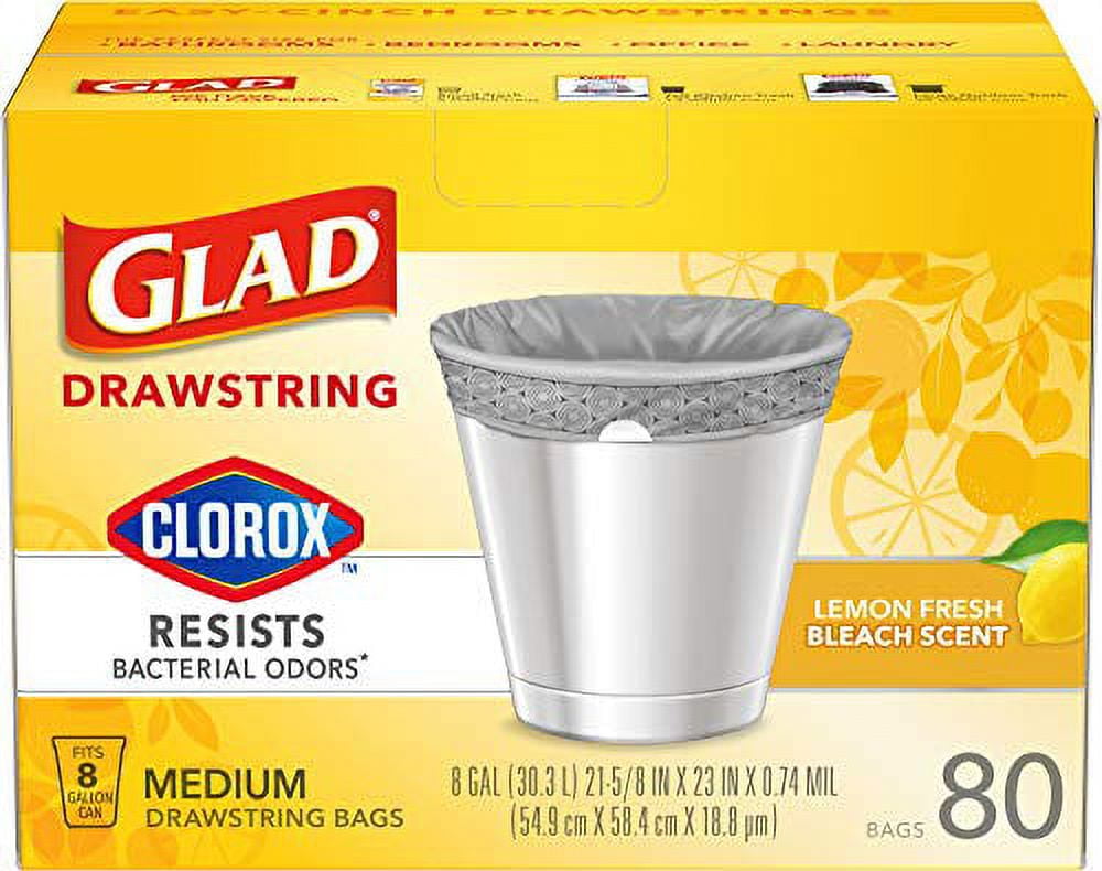 Glad Medium Drawstring Trash Bags with Clorox, 8 Gallon, Lemon Fresh Bleach  Scent, 26 Count