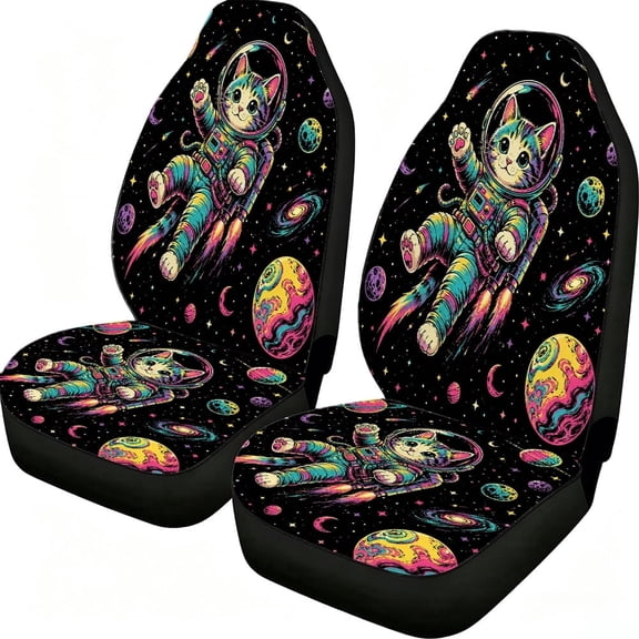 Odenmar Astronaut Cat Space Car Seat Covers, 2-Piece Front Protectors, Made from Lightweight Mesh Fabric, Universal Fit for Trucks Vans Suvs