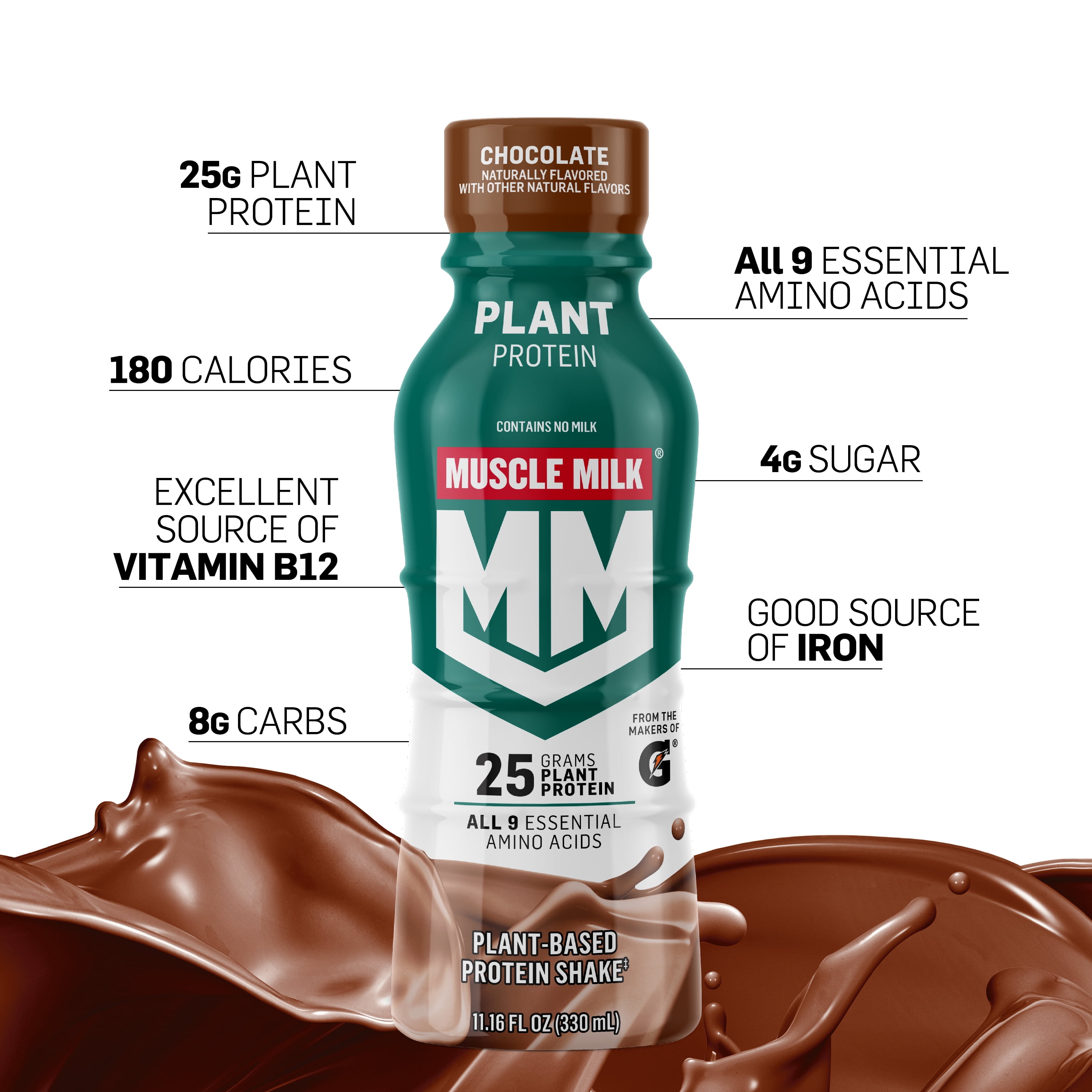 (3 pack) Muscle Milk Plant Based Protein Shake, Chocolate, 14 fl oz Bottle, 30g Protein