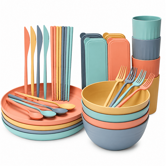 32Pcs Wheat Straw Dinnerware Set – Unbreakable Kids Plates & Bowls Set with Cups for Camping, Home & Everyday Use
