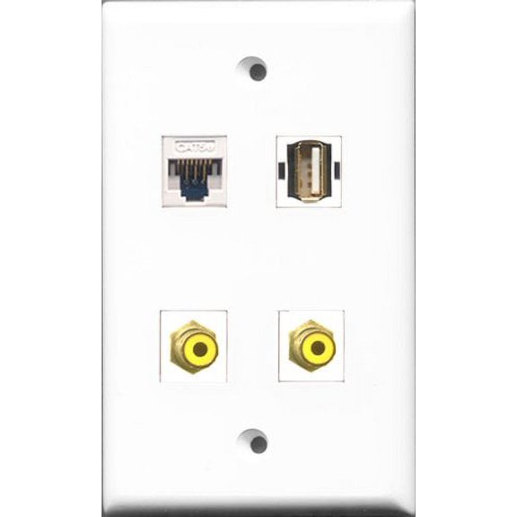 RiteAV - 2 Port RCA Yellow and 1 Port USB A-A and 1 Port Cat5e Ethernet White Wall Plate