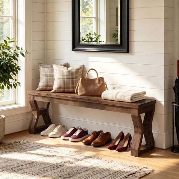 Finmind 55" Solid Wood Entryway Bench with Storage, Farmhouse Shoe Bench with X-Leg Base