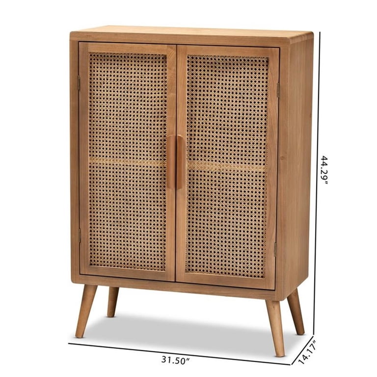Alina Mid-Century Boho Medium Oak Finished Wood and Rattan 2-Door