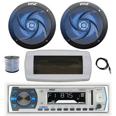 Pyle PLMRB29W Single DIN Bluetooth Marine MP3 AM/FM Stereo Receiver with White Cover, 22" Radio Antenna, Wire, 2x 6'' 240 Watt Max Power  2-Way Blue Flashing LED Audio Speakers (Black)
