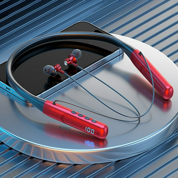 Auriculares inalámbricos Bluetooth con montaje en cuello, Deportes, Pantalla digital, Rojo